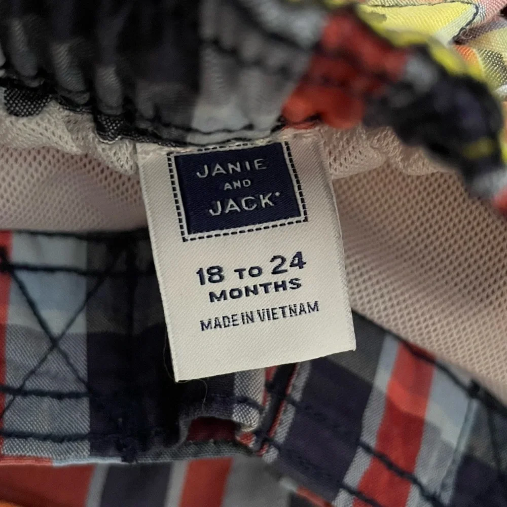 KIDS: Janie and Jack Coral Plaid Swim Trunks